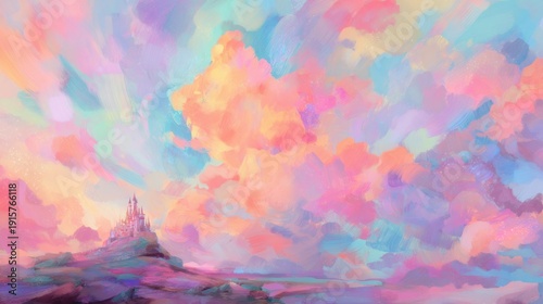 Castle stands on hill under colorful sky with clouds at sunset