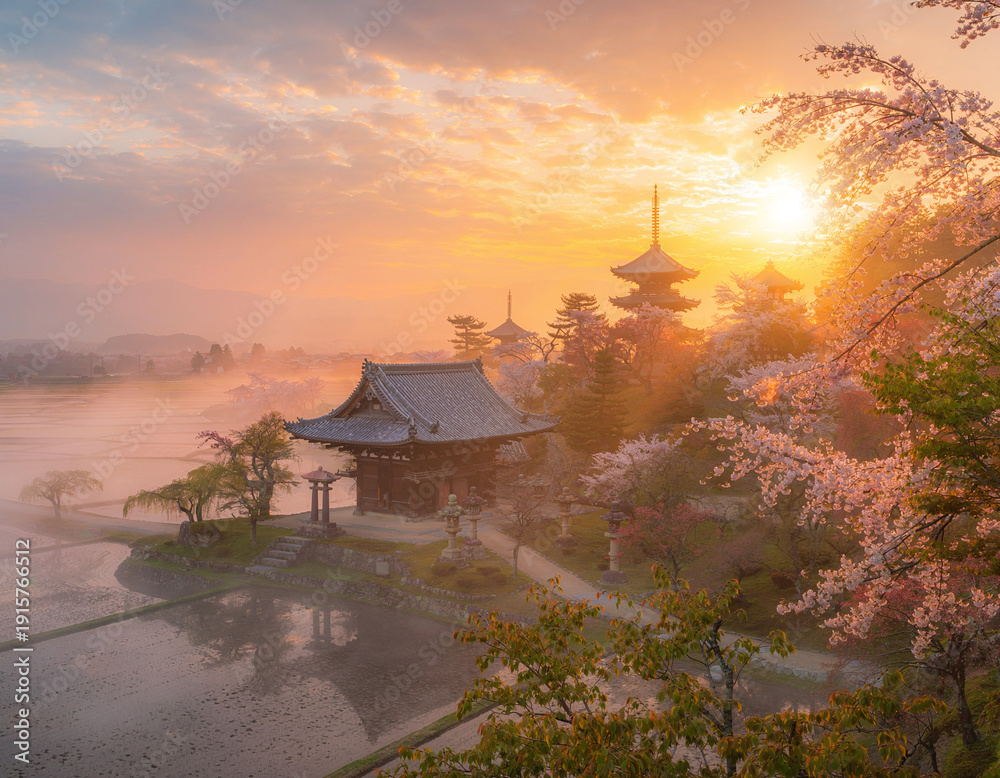 Fototapeta premium タイムスリップした朝日の昇る日本の都