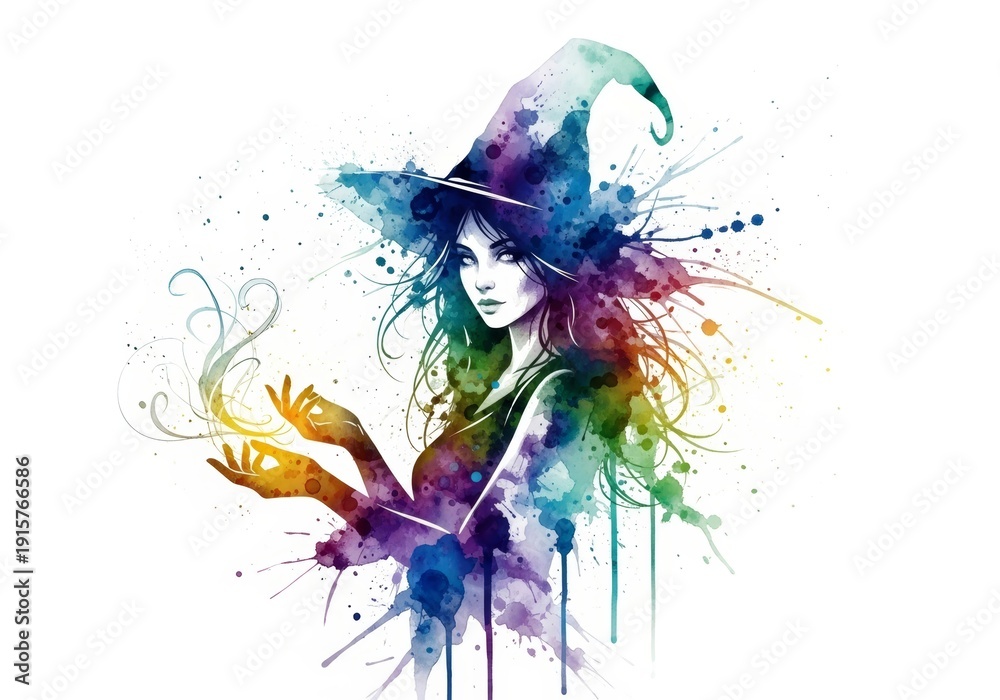 Obraz premium Woman witch casting magic spell in watercolor splash art style. Mystical sorceress with magical energy for Halloween, fantasy concept.