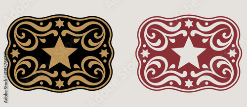 sheriff star badge vector, rodeo cowboy belt buckle in wild west style with decorative floral details, ranked titles concept, hierarchy western law symbols, premium frontier levels for vintage brandin