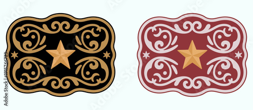 sheriff star badge vector, rodeo cowboy belt buckle in wild west style with decorative floral details, ranked titles concept, hierarchy western law symbols, premium frontier levels for vintage brandin