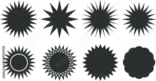 Collection of eight unique starburst shapes for design and creative projects, varied in form and detail on a crisp white background for versatile use.