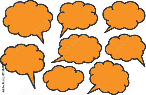 Collection of orange speech bubbles on a white background representing dialogue and conversation