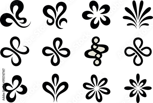 Collection of decorative black floral and abstract designs on a white background showcasing elegant patterns