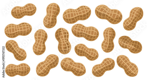 A scattered collection of whole peanuts in their textured shells creates a repeating pattern across a pristine white background.
