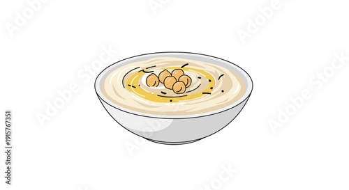 A ceramic bowl is filled with creamy hummus, garnished with whole chickpeas, a drizzle of olive oil, and sprinkles of seasoning.