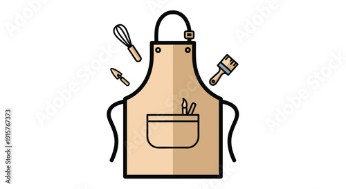 A beige canvas apron with pockets displays an assortment of kitchen and garden tools, including a whisk, trowel, and paint brush.