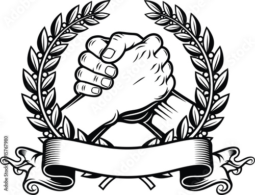 A clenched fist inside a laurel wreath with a decorative ribbon at the bottom Vector