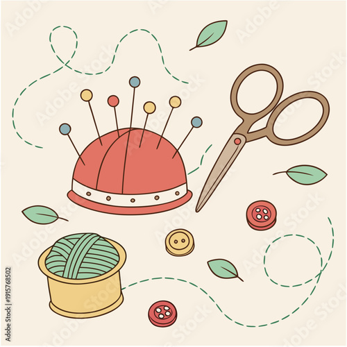 Vintage sewing notions with red pincushion, antique scissors, buttons and yarn, craft illustration.