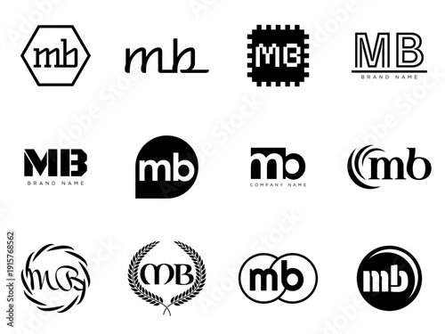 MB logo company template. Letter m and b logotype. Set different classic serif lettering and modern bold text with design elements. Initial font typography.