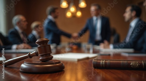 Judge gavel and attorneys shaking hands to finalize agreement