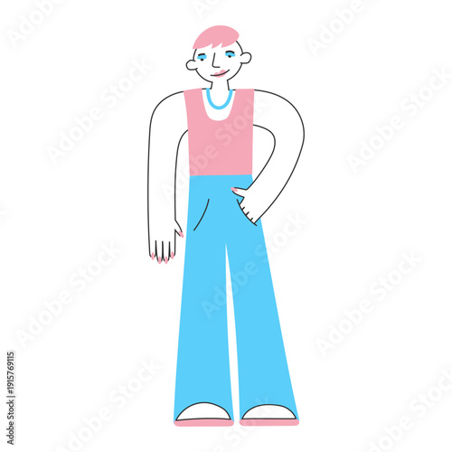 Feminine transgender man with makeup and trans flag colors in minimal flat style. Self-expression, individuality, confidence and modern gender identity concept.