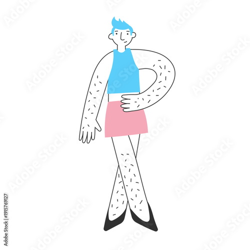 Modern androgynous transgender character with trans flag colors in minimal flat style. Gender expression, individuality, confidence, self-acceptance concept. Diversity, inclusion, identity/