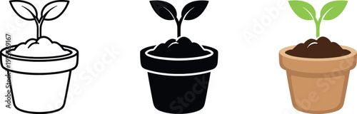 Sustainable living scene showing a minimalist seedling pot with small plant emerging from soil, fully visible and centered as the