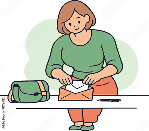 Warm person leans over a desk sliding a letter into an envelope as a mailbox bag and pen rest close by in silence. | person