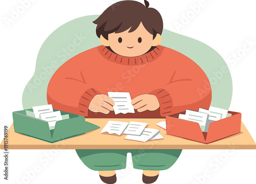 Cozy person organizes receipts on a desk, folders opened carefully, slips tucked inside, task moving slowly. | organizing