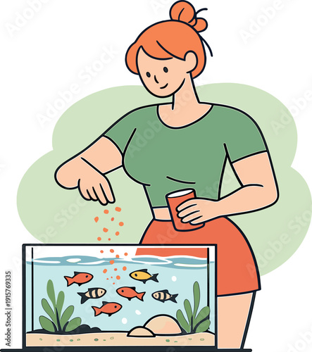 Morning person feeds fish in a tank, fingers sprinkling flakes as small fish gather near glass and water stays clear | feeding