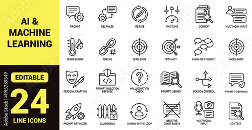 Artificial intelligence and machine learning icon set with prompt engineering, fine‑tuning, tokens, zero‑shot, few‑shot, guardrails, multimodal input, and essential AI ranking symbols