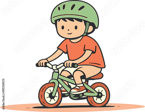 Quiet child rides a small bicycle wearing a helmet, feet pedaling steadily as wheels roll forward on a simple path nearby | child
