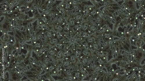 Abstract green circuit kaleidoscope texture with glowing dots