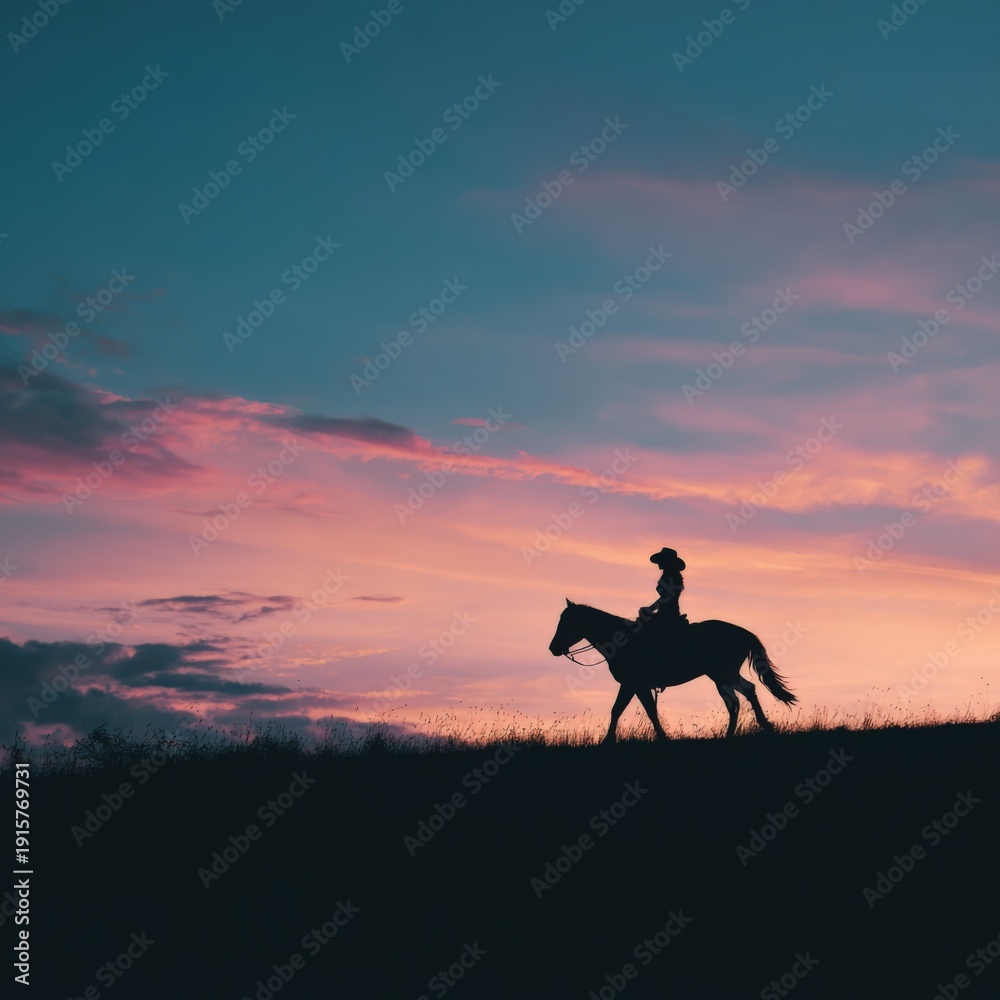 Fototapeta premium Silhouette of person on horse at sunset with vibrant evening sky