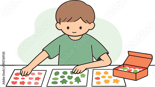 Small child sorts stickers by color at a desk, sheets spread neatly, hands moving slowly, box open nearby calm afternoon scene ok