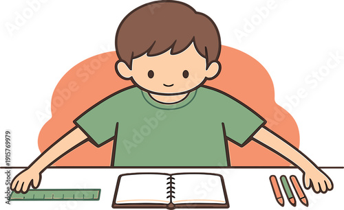 Quiet child arranges desk items neatly, pencils aligned, ruler straightened, notebook centered, hands moving with calm focus. |