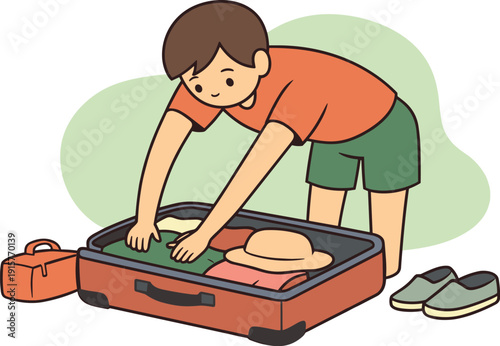 Focused Packing Scene. Inside child leans over a suitcase packing outfits, arms reaching deep inside, quiet focus visible. |