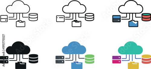 Online computing service concept presenting a central cloud with distributed data elements and connection lines that imply shared