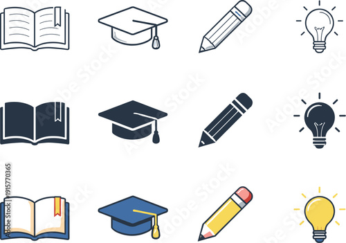 Book for knowledge, graduation cap for education, pencil for learning, and light bulb for ideas. Compose a strict 3:2 canvas