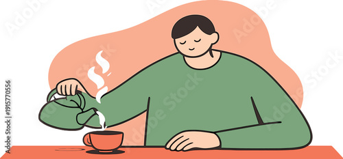 Gentle person brews tea slowly at a table, kettle tilted gently, steam rising, cup waiting, calm pause filling the room. |