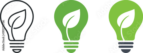 Green Energy Icons. Green choice metaphor expressed as an energy-saving light bulb icon with a leaf filament inside, same