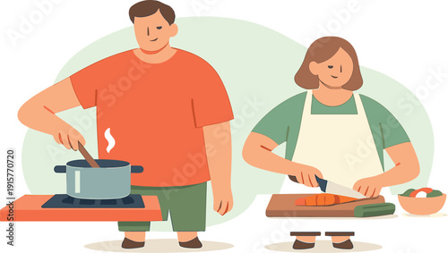 Gentle family cooks together, one stirs while another chops vegetables near a stove in quiet rhythm with steady hands at home now