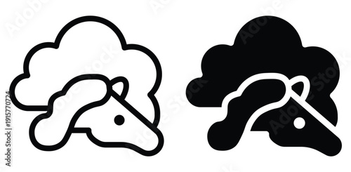 Minimalist Unicorn Head Logo with Cloud Background in Black and White