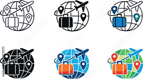 Worldwide travel experience symbol showing a globe combined with an airplane, suitcase, and location markers to convey