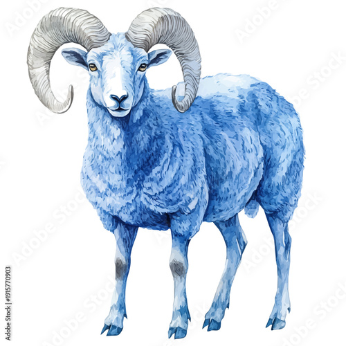 Bharal Blue Sheep A Beautifully Detailed, watercolor painting capturing graceful lines and soft blended shades, isolated on a white background.