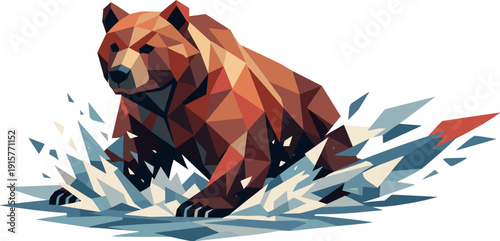Low-poly vector illustration of a bear stabilizing after the river lunge, controlled angular posture with paws braced and body