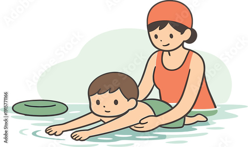 Quiet child learns to swim with support, arms held steady by a helper as water ripples softly around them | child learning swim,