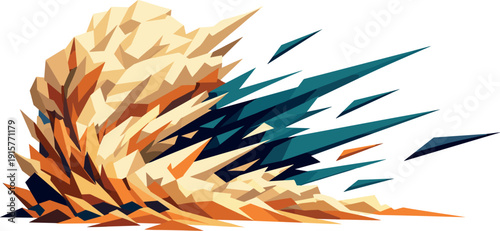 Low-poly vector illustration of a desert sandstorm blast escalating, towering angular sand cloud surging aggressively across the