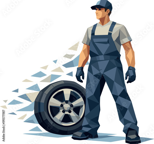 Low-poly vector illustration of a mechanic finishing the wheel change, posture stabilizing with confident angular stance and