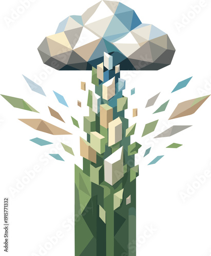 Low-poly vector illustration of a cloud upload stream as a literal hero scene, faceted cloud symbol constructed from sharp