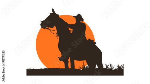 Cowboy Riding Horse Silhouette against Orange Sunset Background