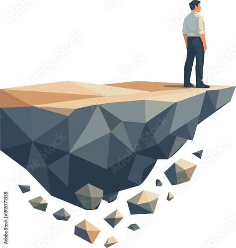 Low-poly vector illustration of a cliff edge balance future state, figure standing calmly and confidently at the cliff edge with