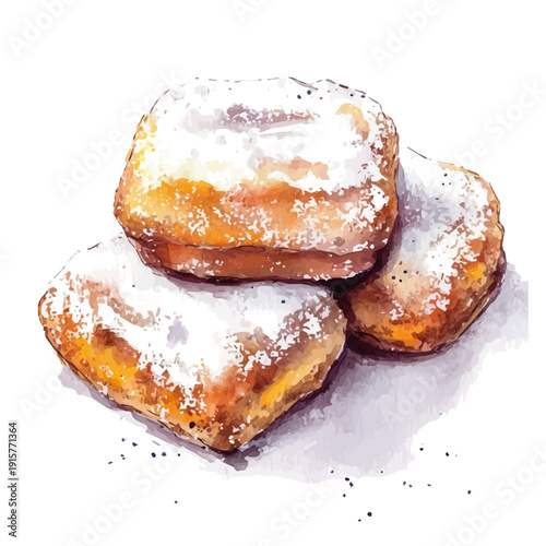 Beignets A Beautifully Detailed, watercolor painting capturing graceful lines and soft blended shades, isolated on a white background.