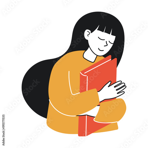 Girl dreamily hugs book with closed eyes. Vector illustration. Reading campaigns, library posters, book lover merchandise