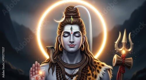 Serene portrayal of deity shiva emanating celestial light amidst mountainous backdrop evoking
