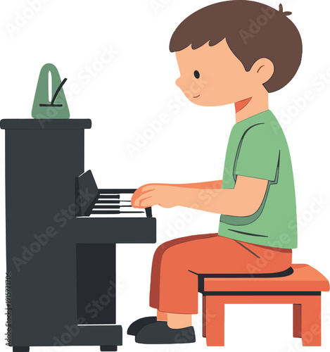 Calm child practices piano quietly, body upright as pauses between notes create space and balance | child piano practice, flat