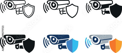 Digital surveillance icon depicting a camera, shield, and signal waves, symbolizing smart security systems, home protection, and