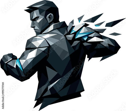 Low-poly vector illustration of a leader preparing to point forward, grounded angular stance with shoulders squared and torso