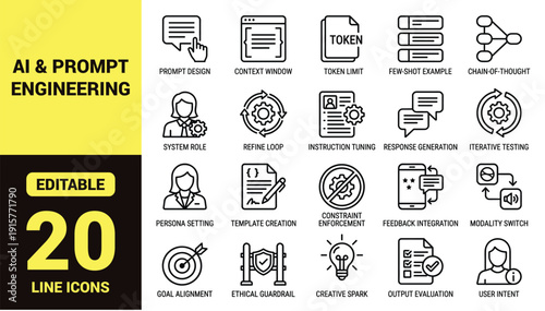 Artificial intelligence and machine learning icon set with prompt design, context window, token limit, chain‑of‑thought, instruction tuning, feedback integration, and essential AI ranking symbols